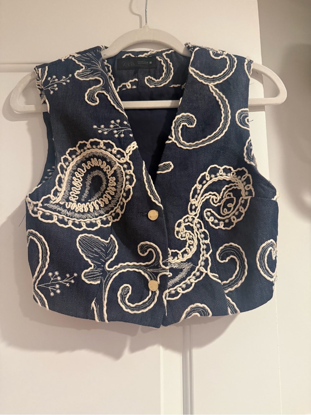 Zara Navy Blue Embroidered Crop Vest with Cream Pattern